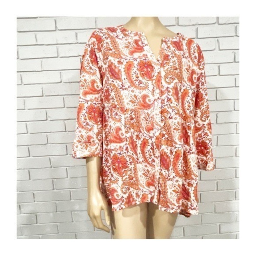 Cynthia Rowley Orange Floral Linen Blend Tab Sleeve Button Down Boho Sz 1X